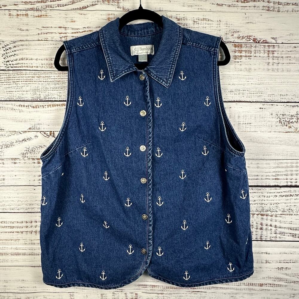 VTG CJ Banks Blue Denim Jean Snap Up Vest Embroidered Anchor Nautical Womens XL
